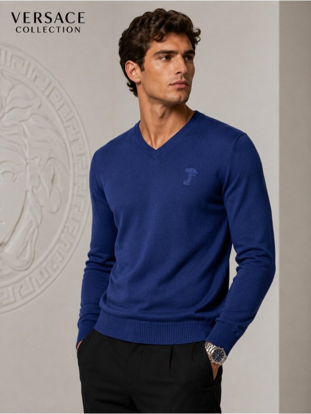 Versace Collection Authentic Blue Wool V-Neck Sweater Men’s Medium